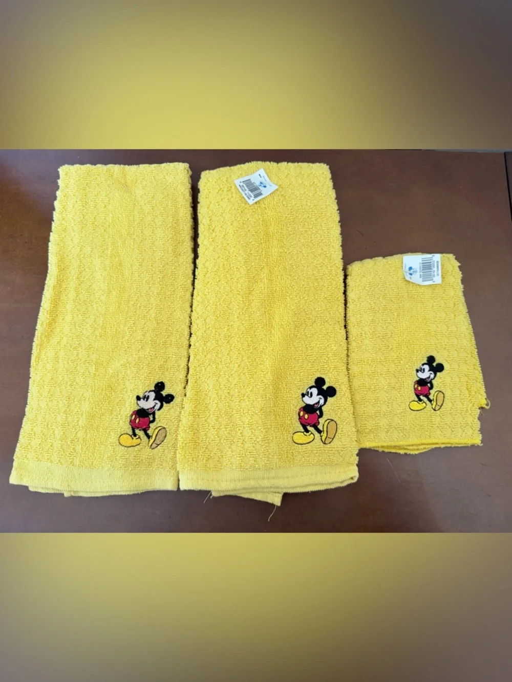 NOS Walt Disney Mickey Mouse Yellow Hand Tea Towels Textured Embroidered Set 3